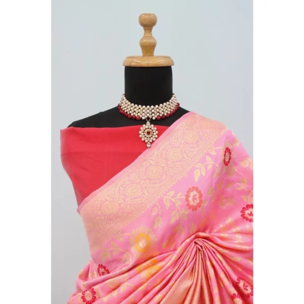 Women's Banarasi Printed Saree With Unstitched Blouse 5.5Mtr (Pink) - Image 2