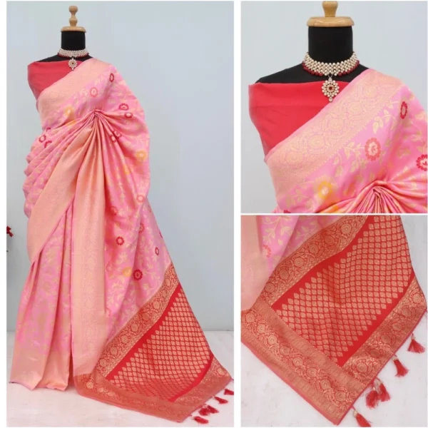 Women's Banarasi Printed Saree With Unstitched Blouse 5.5Mtr (Pink) - Image 3