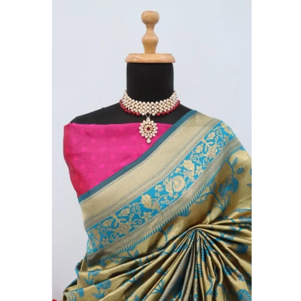 Women's Banarasi Printed Saree With Unstitched Blouse 5.5Mtr (Golden) - Image 2