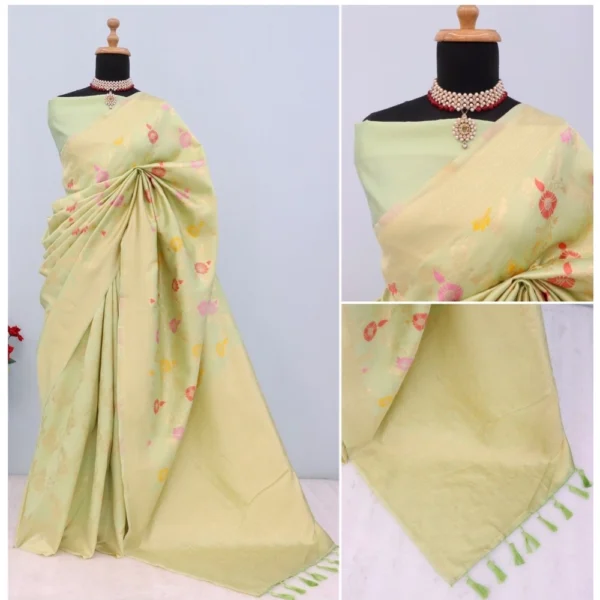 Women's Banarasi Printed Saree With Unstitched Blouse 5.5Mtr (Pista) - Image 3