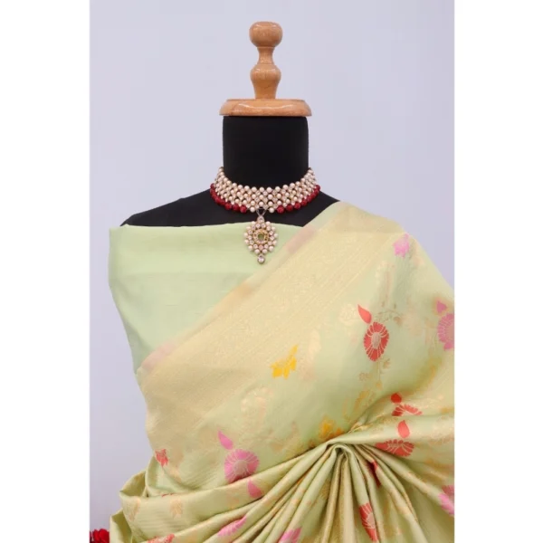 Women's Banarasi Printed Saree With Unstitched Blouse 5.5Mtr (Pista) - Image 2