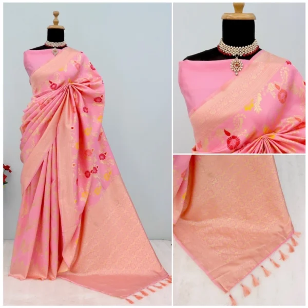 Women's Banarasi Printed Saree With Unstitched Blouse 5.5Mtr (Pink) - Image 3