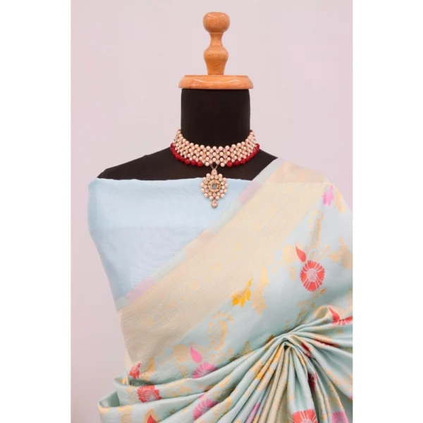Women's Banarasi Printed Saree With Unstitched Blouse 5.5Mtr (Firozi) - Image 2