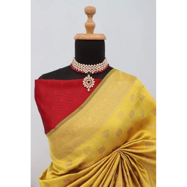 Women's Banarasi Printed Saree With Unstitched Blouse 5.5Mtr (Yellow) - Image 2
