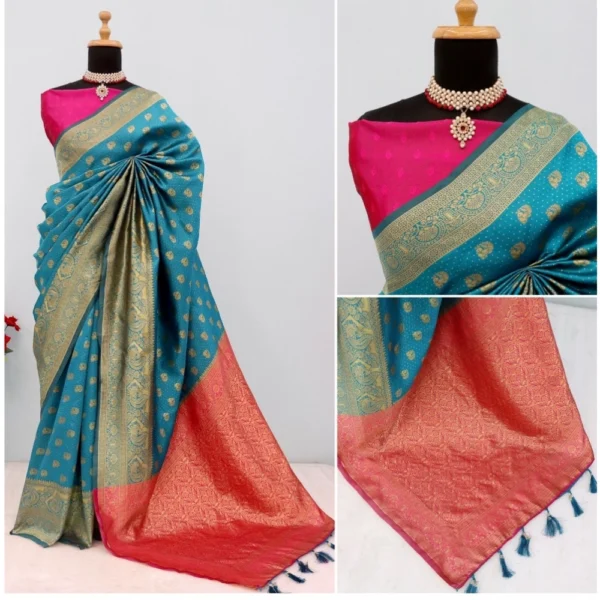 Women's Banarasi Printed Saree With Unstitched Blouse 5.5Mtr (Aqua Blue) - Image 2