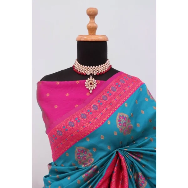 Women's Banarasi Printed Saree With Unstitched Blouse 5.5Mtr (Aqua Blue) - Image 2