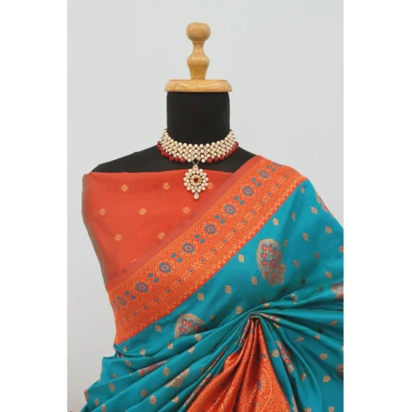 Women's Banarasi Printed Saree With Unstitched Blouse 5.5Mtr (Rama) - Image 3