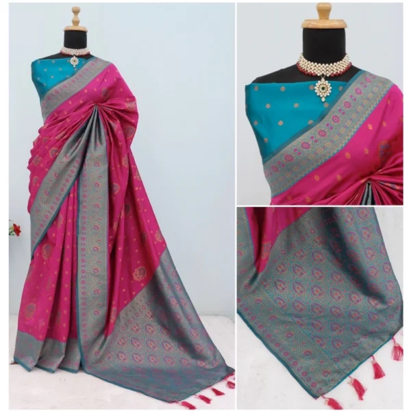 Women's Banarasi Printed Saree With Unstitched Blouse 5.5Mtr (Rani) - Image 3