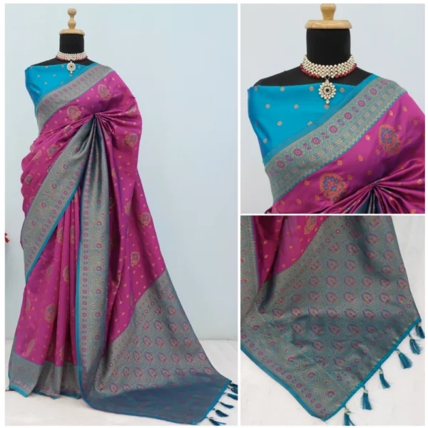 Women's Banarasi Printed Saree With Unstitched Blouse 5.5Mtr (Purple) - Image 3