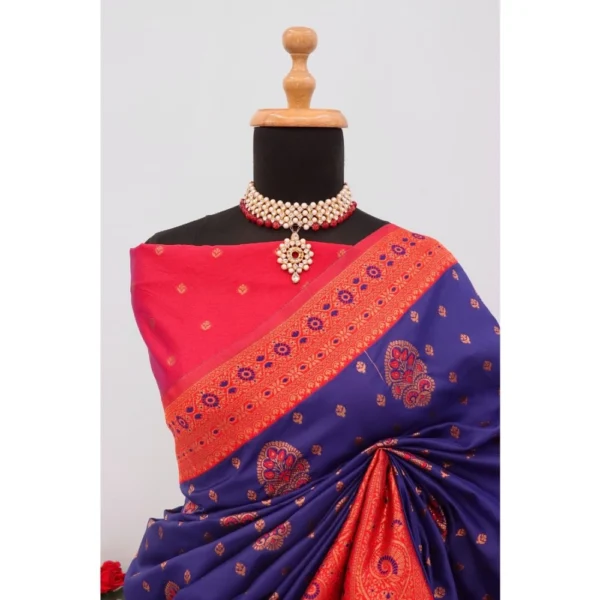 Women's Banarasi Printed Saree With Unstitched Blouse 5.5Mtr (Navy Blue) - Image 3