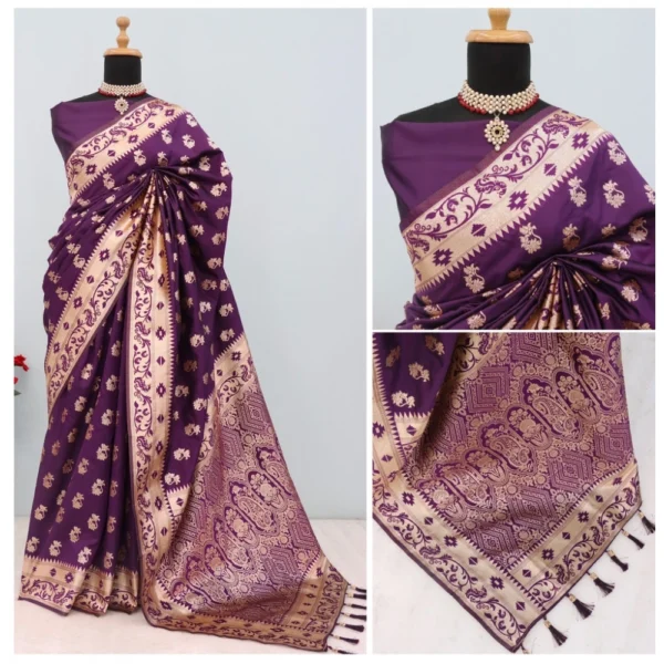 Women's Satin Printed Saree With Unstitched Blouse 5.5Mtr (Purple) - Image 2