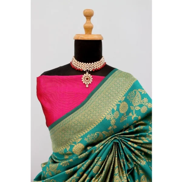Women's Banarasi Printed Saree With Unstitched Blouse 5.5Mtr (Rama) - Image 2