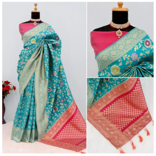 Women's Banarasi Printed Saree With Unstitched Blouse 5.5Mtr (Rama) - Image 3