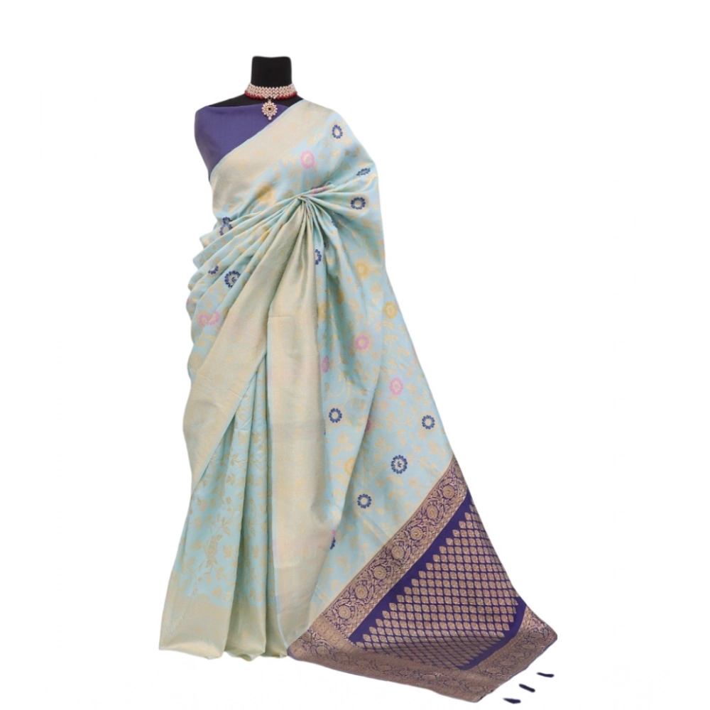 Women's Banarasi Printed Saree With Unstitched Blouse 5.5Mtr (Firozi)