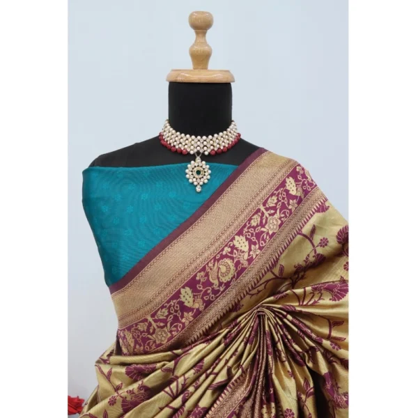 Women's Banarasi Printed Saree With Unstitched Blouse 5.5Mtr (Golden) - Image 2
