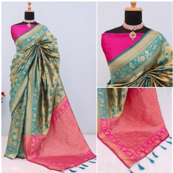 Women's Banarasi Printed Saree With Unstitched Blouse 5.5Mtr (Golden) - Image 3