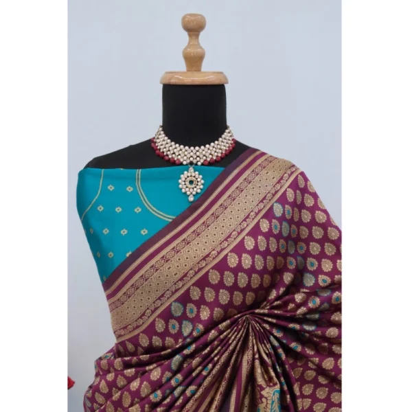Women's Banarasi Printed Saree With Unstitched Blouse 5.5Mtr (Purple) - Image 2