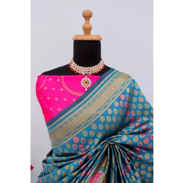 Women's Banarasi Printed Saree With Unstitched Blouse 5.5Mtr (Aqua Blue) - Image 2