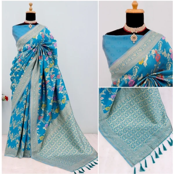Women's Banarasi Printed Saree With Unstitched Blouse 5.5Mtr (Aqua Blue) - Image 3