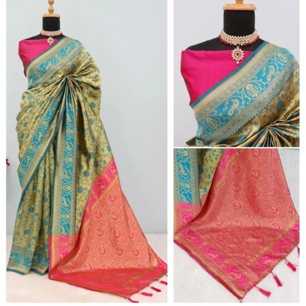 Women's Banarasi Printed Saree With Unstitched Blouse 5.5Mtr (Golden) - Image 3
