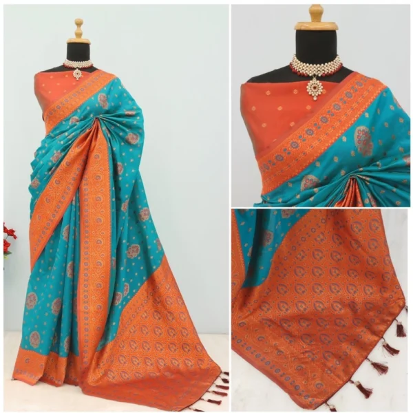 Women's Banarasi Printed Saree With Unstitched Blouse 5.5Mtr (Rama) - Image 2