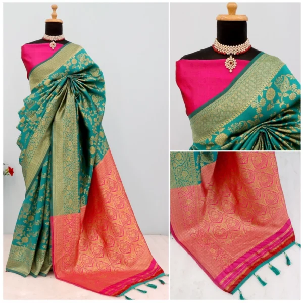 Women's Banarasi Printed Saree With Unstitched Blouse 5.5Mtr (Rama) - Image 3