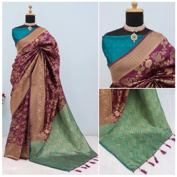 Women's Banarasi Printed Saree With Unstitched Blouse 5.5Mtr (Purple) - Image 2