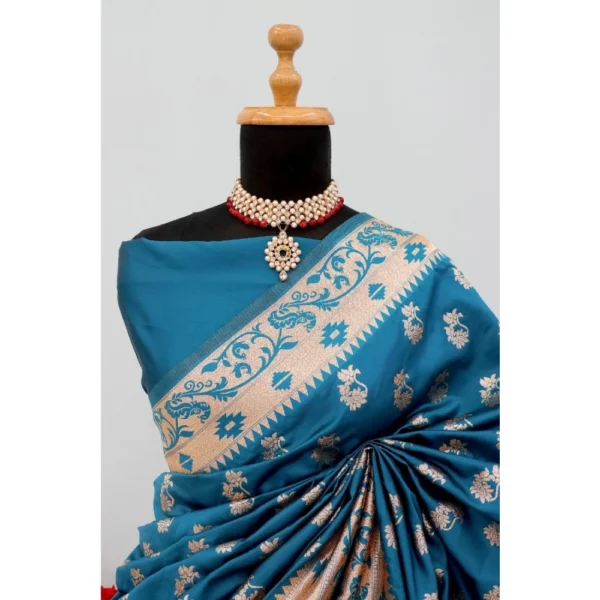 Women's Satin Printed Saree With Unstitched Blouse 5.5Mtr (Aqua Blue) - Image 2