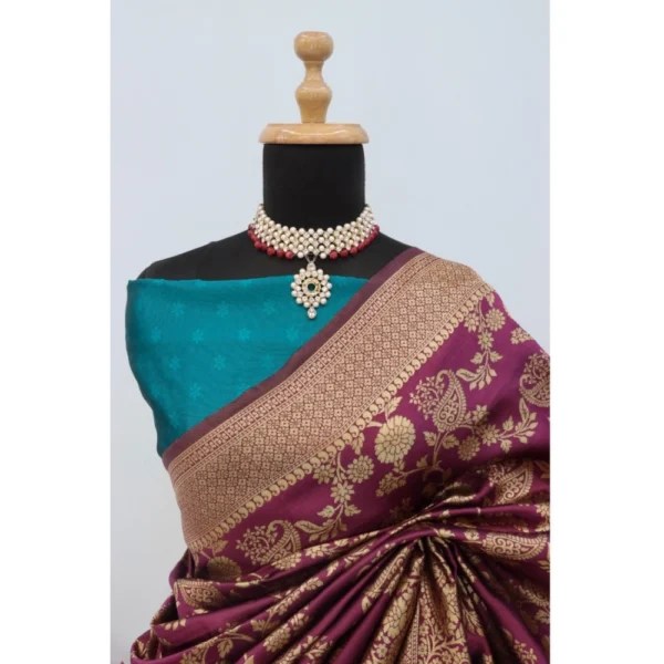 Women's Banarasi Printed Saree With Unstitched Blouse 5.5Mtr (Purple) - Image 3