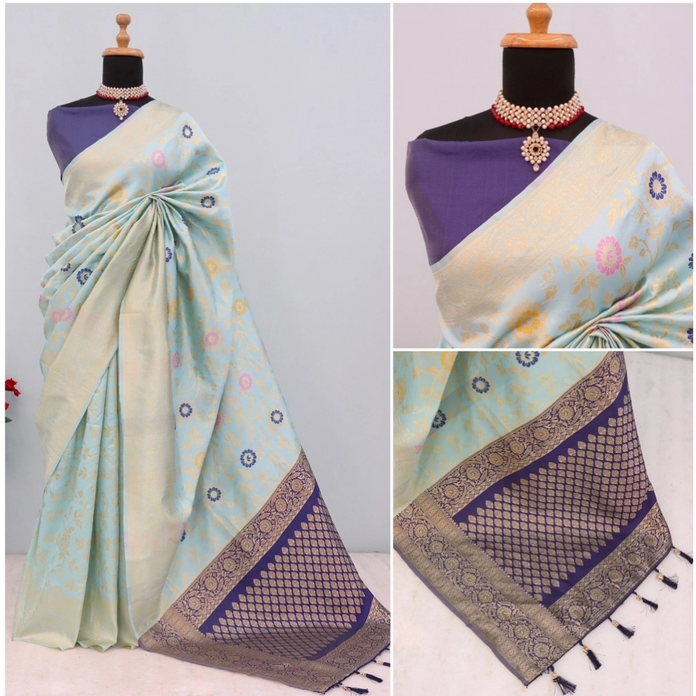 Women's Banarasi Printed Saree With Unstitched Blouse 5.5Mtr (Firozi) - Image 3