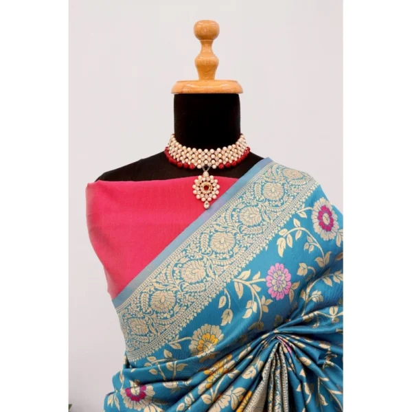 Women's Banarasi Printed Saree With Unstitched Blouse 5.5Mtr (Aqua Blue) - Image 3