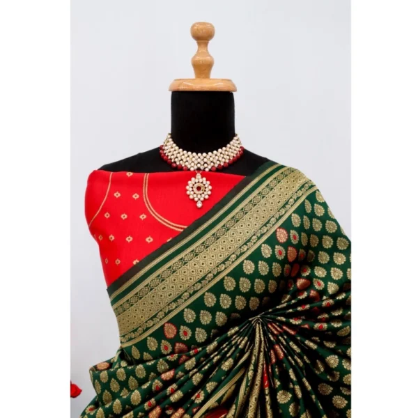 Women's Banarasi Printed Saree With Unstitched Blouse 5.5Mtr (Green) - Image 2