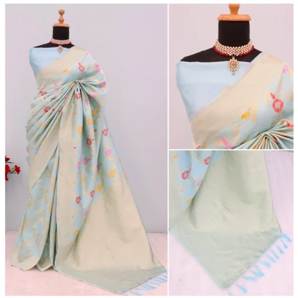 Women's Banarasi Printed Saree With Unstitched Blouse 5.5Mtr (Firozi) - Image 3