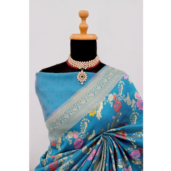 Women's Banarasi Printed Saree With Unstitched Blouse 5.5Mtr (Aqua Blue) - Image 2