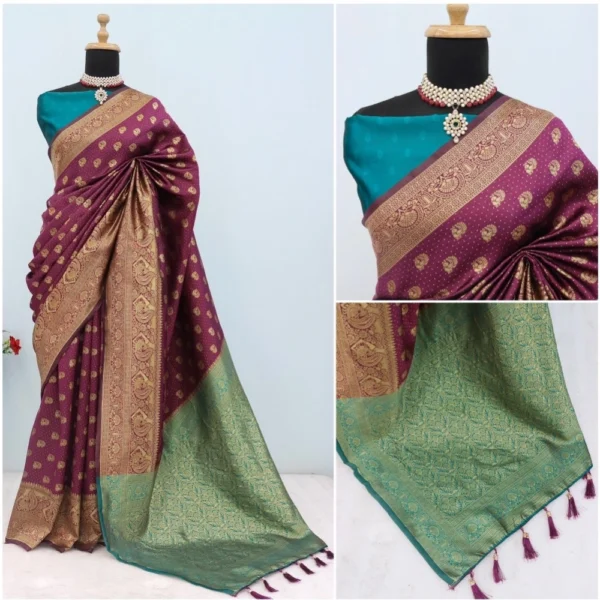 Women's Banarasi Printed Saree With Unstitched Blouse 5.5Mtr (Purple) - Image 2
