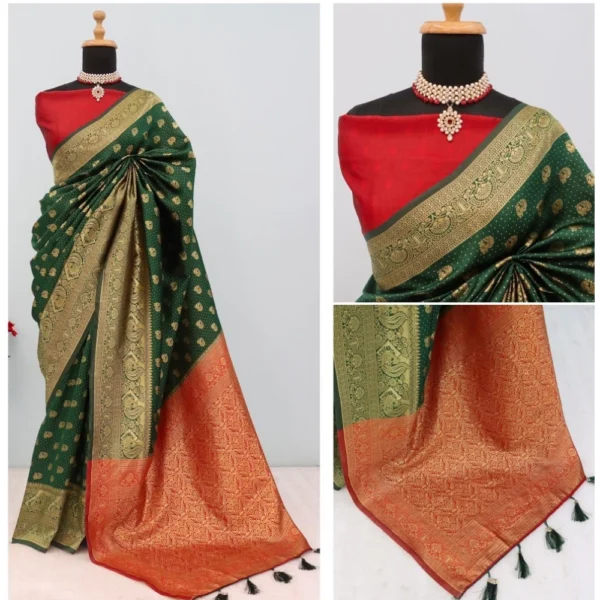 Women's Banarasi Printed Saree With Unstitched Blouse 5.5Mtr (Green) - Image 2