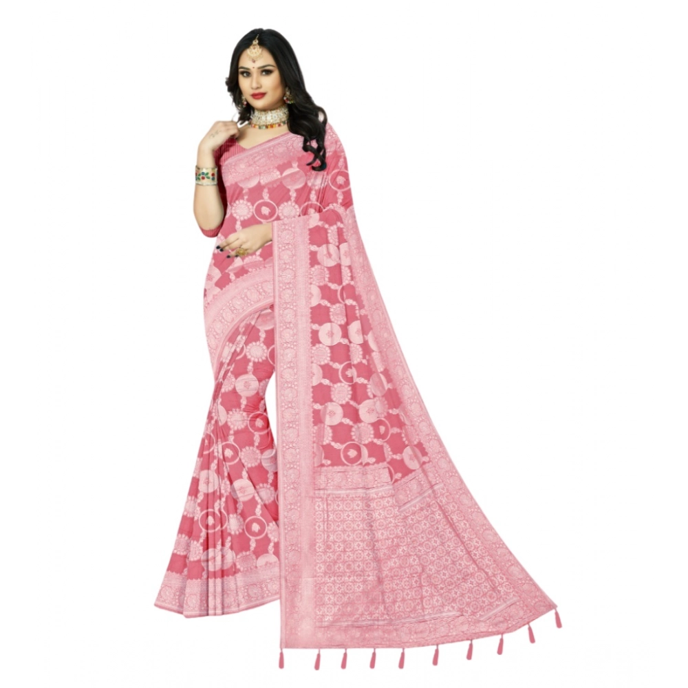 Women's Cotton Printed Saree With Unstitched Blouse 5.5Mtr (Peach)