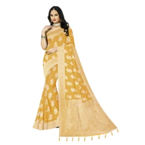 Women's Cotton Printed Saree With Unstitched Blouse 5.5Mtr (Yellow)