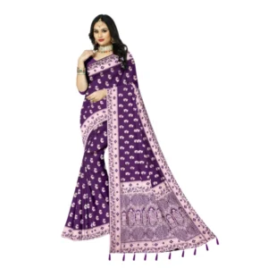 Women's Satin Printed Saree With Unstitched Blouse 5.5Mtr (Purple)