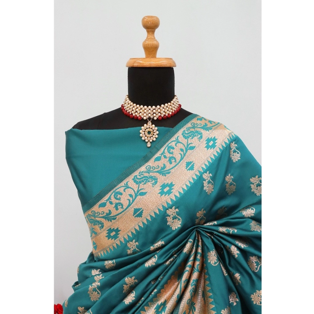 Women's Satin Printed Saree With Unstitched Blouse 5.5Mtr (Rama) - Image 2