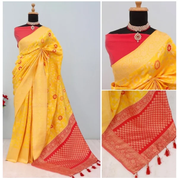 Women's Banarasi Printed Saree With Unstitched Blouse 5.5Mtr (Yellow) - Image 3