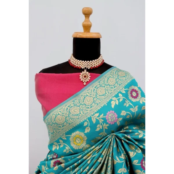 Women's Banarasi Printed Saree With Unstitched Blouse 5.5Mtr (Rama) - Image 2