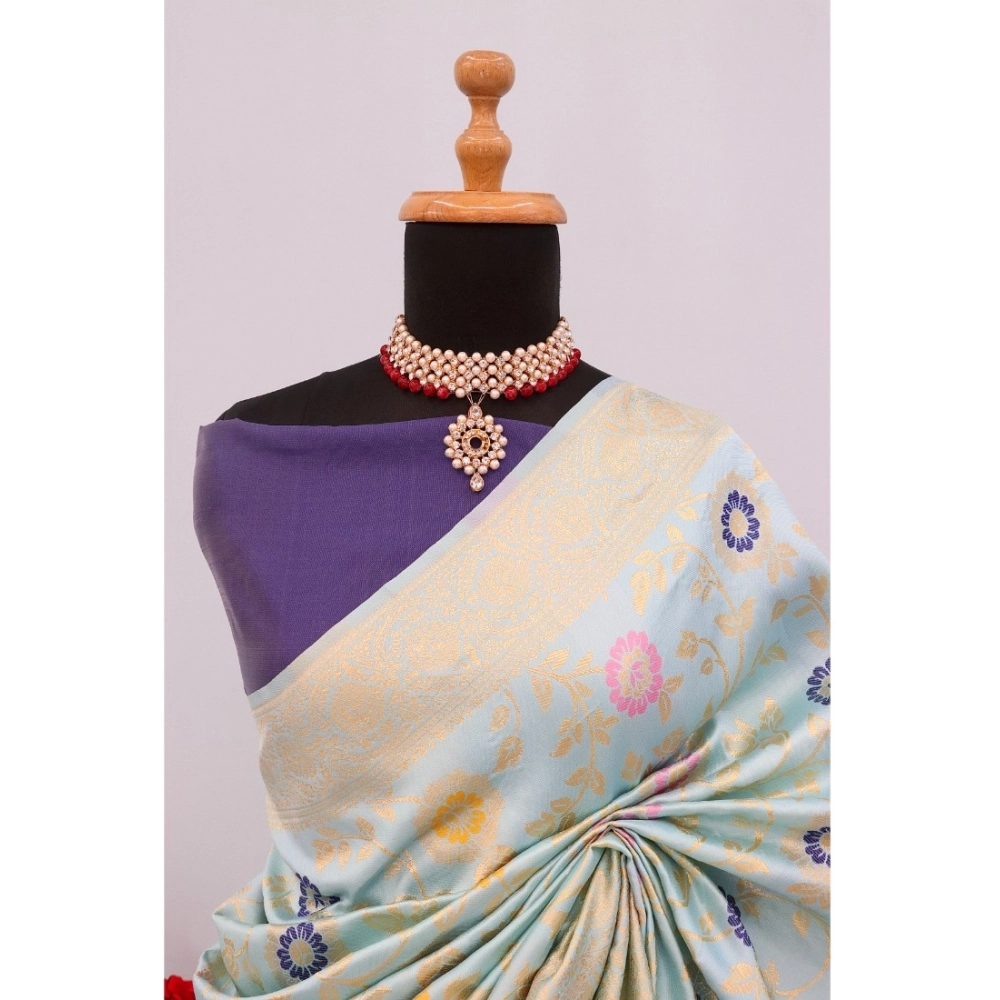 Women's Banarasi Printed Saree With Unstitched Blouse 5.5Mtr (Firozi) - Image 2