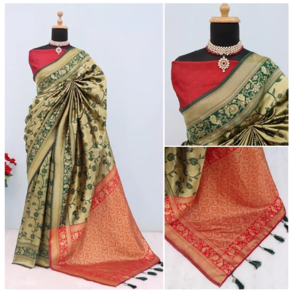 Women's Banarasi Printed Saree With Unstitched Blouse 5.5Mtr (Golden) - Image 3