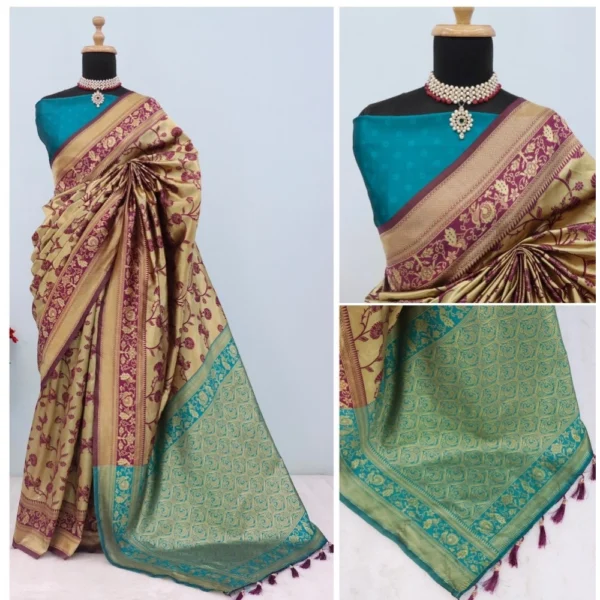 Women's Banarasi Printed Saree With Unstitched Blouse 5.5Mtr (Golden) - Image 3