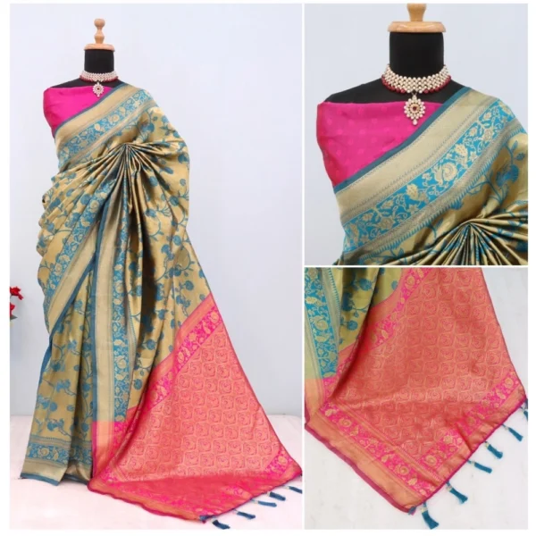 Women's Banarasi Printed Saree With Unstitched Blouse 5.5Mtr (Golden) - Image 3