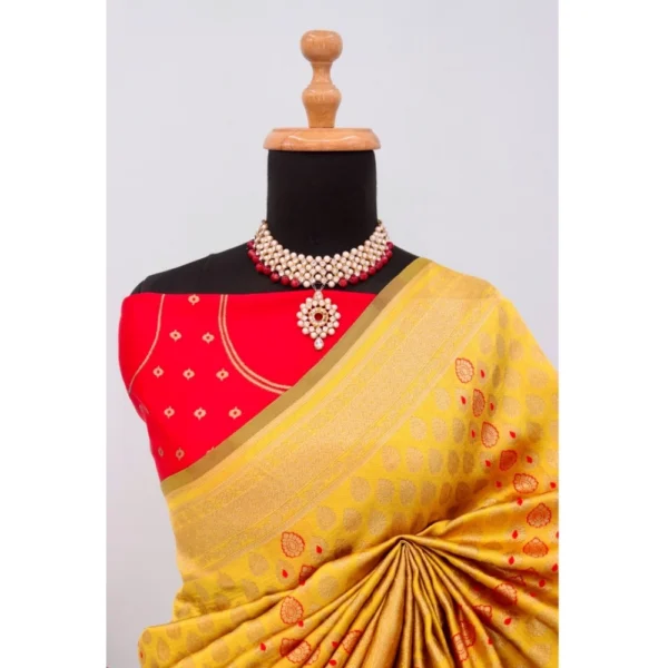 Women's Banarasi Printed Saree With Unstitched Blouse 5.5Mtr (Yellow) - Image 2