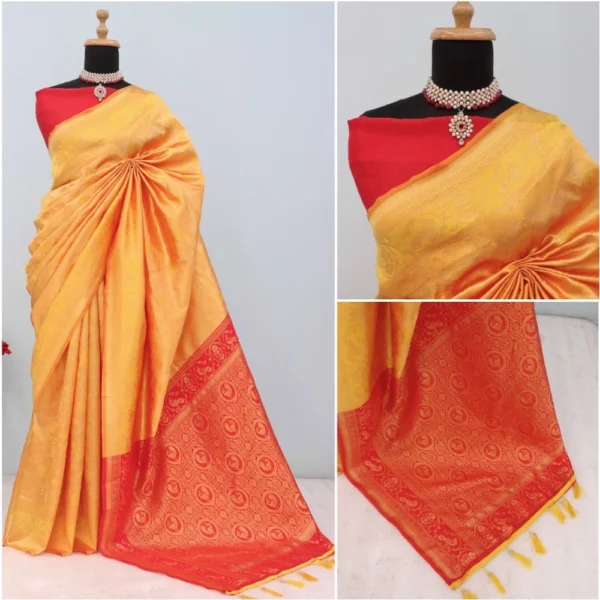 Women's Banarasi Printed Saree With Unstitched Blouse 5.5Mtr (Yellow) - Image 3