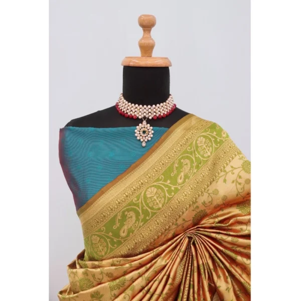 Women's Banarasi Printed Saree With Unstitched Blouse 5.5Mtr (Golden) - Image 3