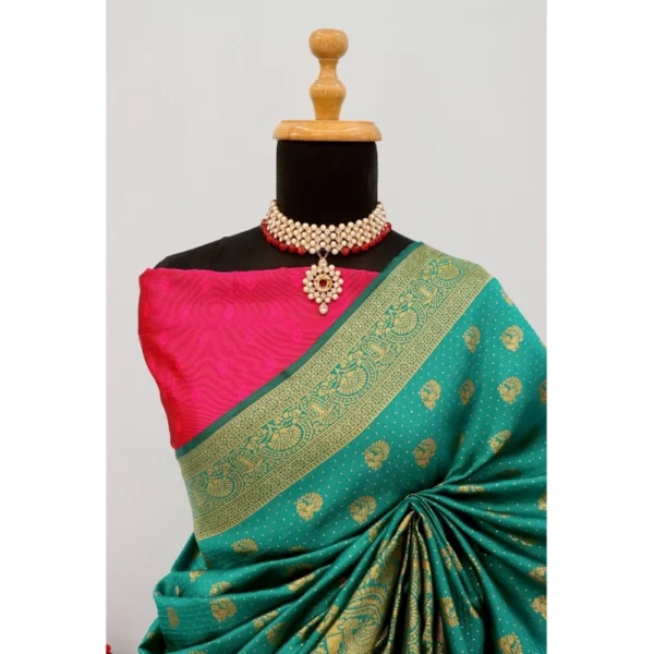 Women's Banarasi Printed Saree With Unstitched Blouse 5.5Mtr (Rama) - Image 2